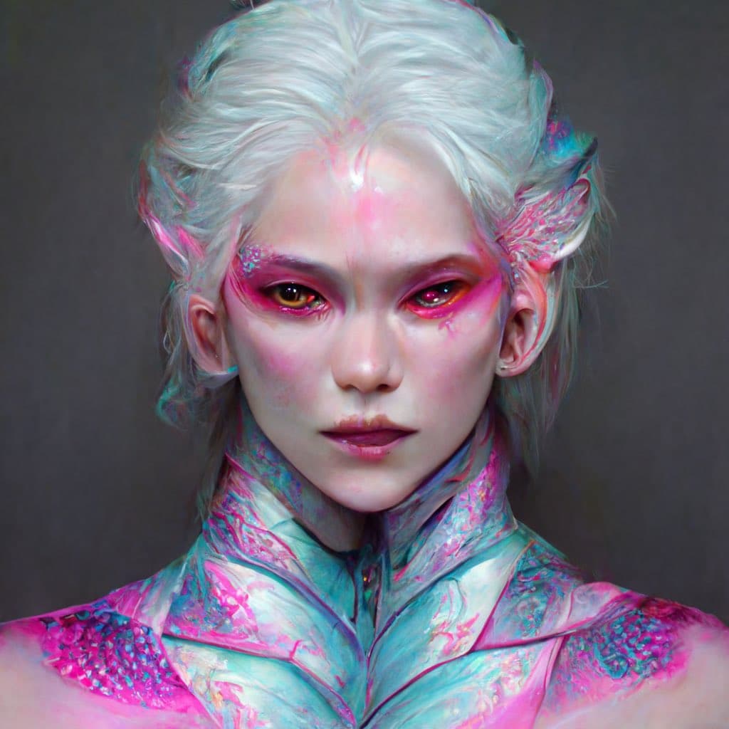 A digital fantasy portrait of a pale, elf-like character with white hair, pointed ears, and vibrant pink and teal makeup and clothing. The character has striking amber eyes and a serene expression against a dark background.