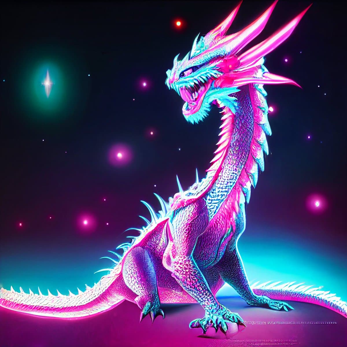 A digital illustration of a vibrant, neon-colored dragon with pink and cyan scales, standing in a dark, cosmic environment with glowing particles. The dragon has an open mouth, sharp teeth, and spiky fins along its back and tail.