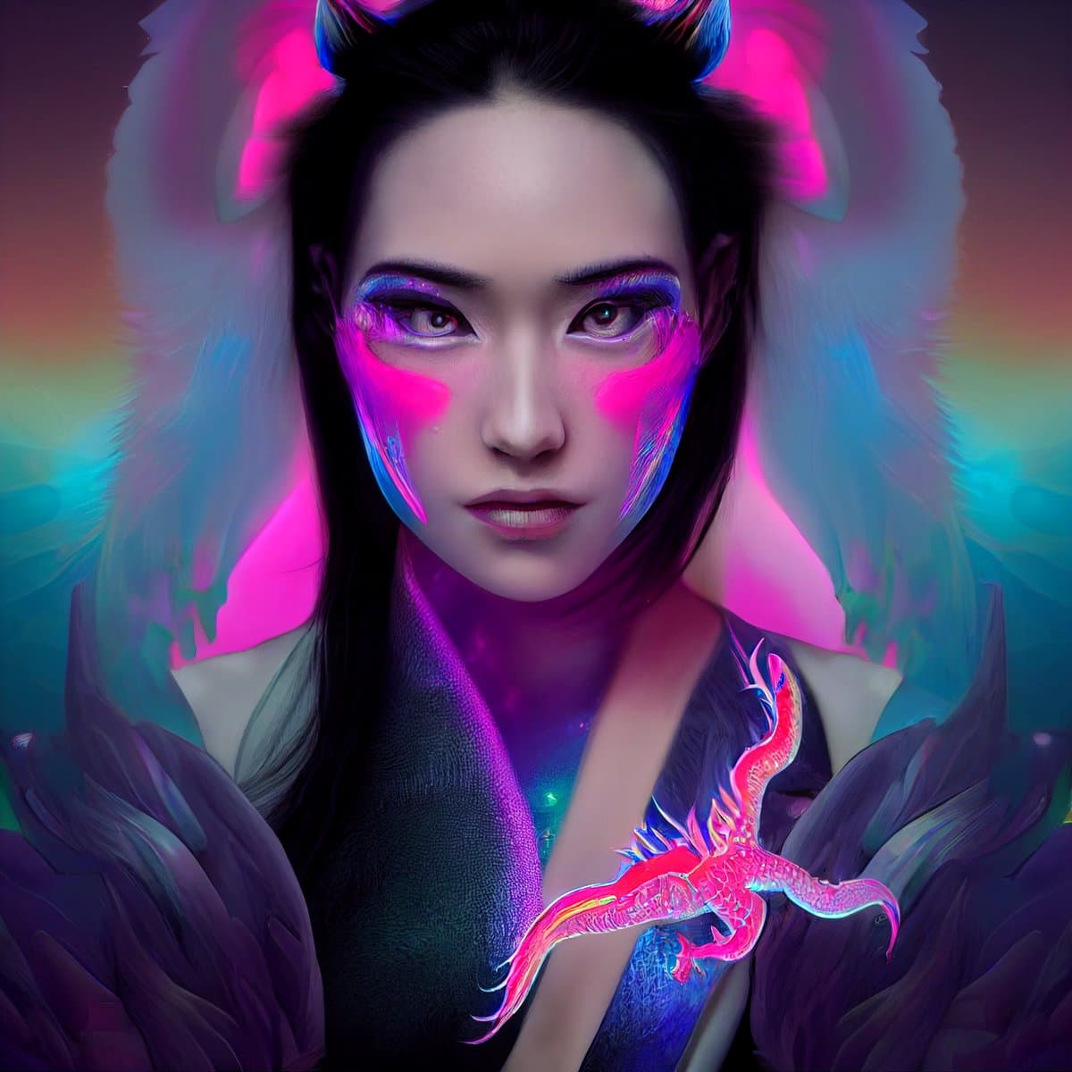 A digital art portrait of a person with dark hair, glowing pink and blue facial markings, and large white animal ears, set against a vibrant, colorful background. A small, stylized pink dragon is depicted on the person's chest.