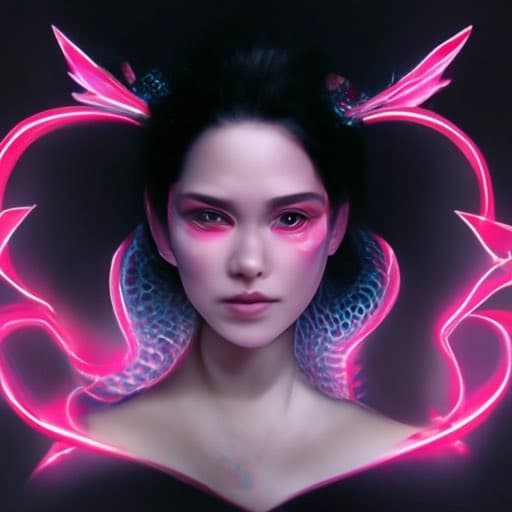 A digital artwork depicting a woman with dark hair, pink eye makeup, and a blue scale-like collar, surrounded by glowing pink neon lines against a black background. The image has a futuristic, cyberpunk aesthetic. There is no legible text in the image.