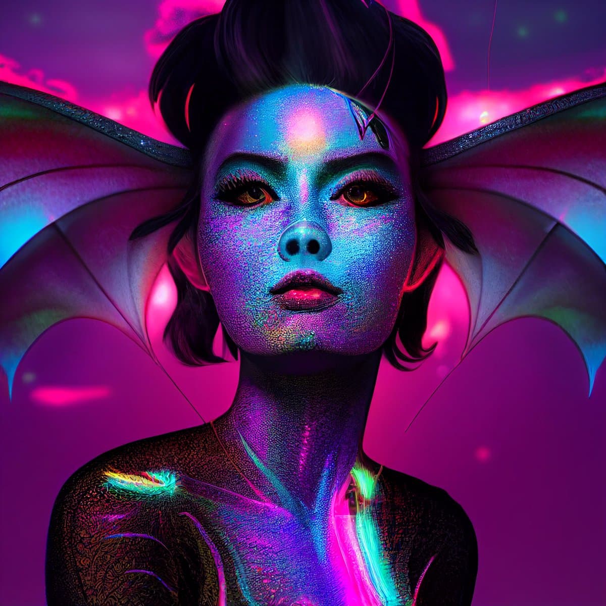 A digital art portrait of a person with iridescent, textured skin in shades of blue and purple, featuring large bat-like wings and glowing orange eyes. The background is a vibrant, abstract blend of pink and purple hues.