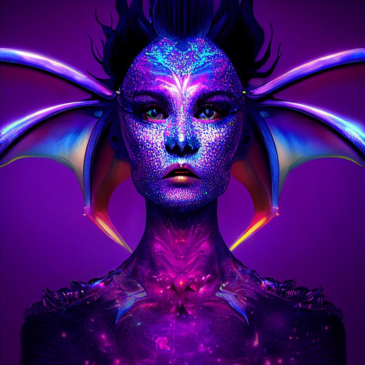 A digital artwork depicting a humanoid figure with a textured, iridescent face and bat-like wings, set against a purple background. The figure has glowing, multicolored skin and dark, spiky hair.