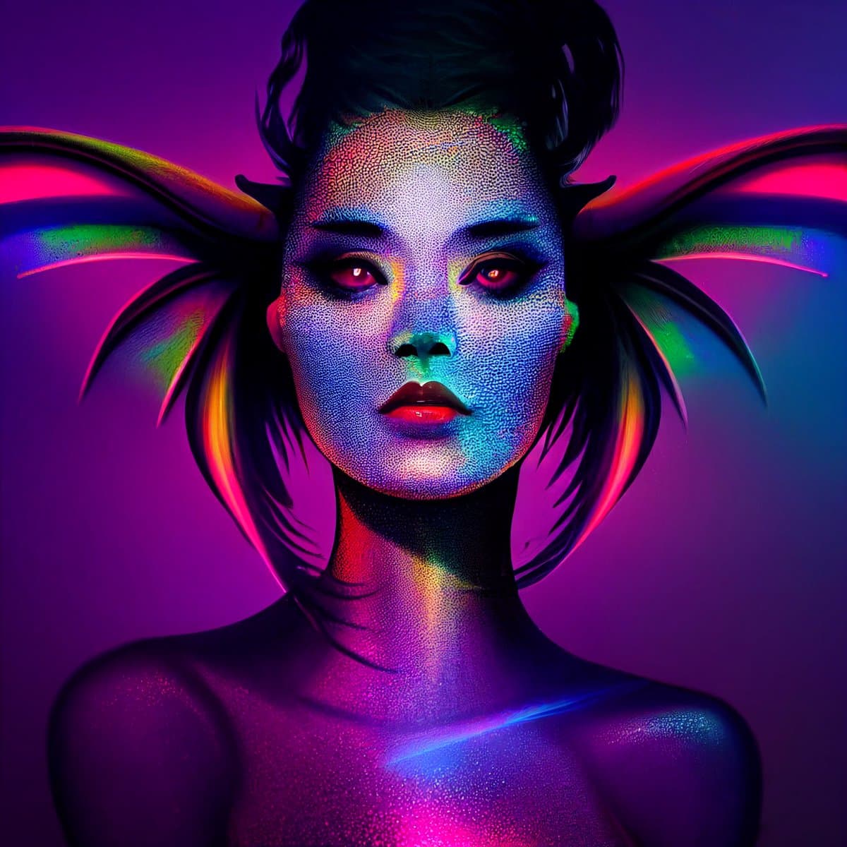 A vibrant, digital art portrait of a person with a dotted, iridescent face and glowing red eyes, set against a purple background. The figure has dark hair styled with colorful, wing-like extensions on either side of their head. The image features a strong neon color palette with highlights of pink, blue, and green.
