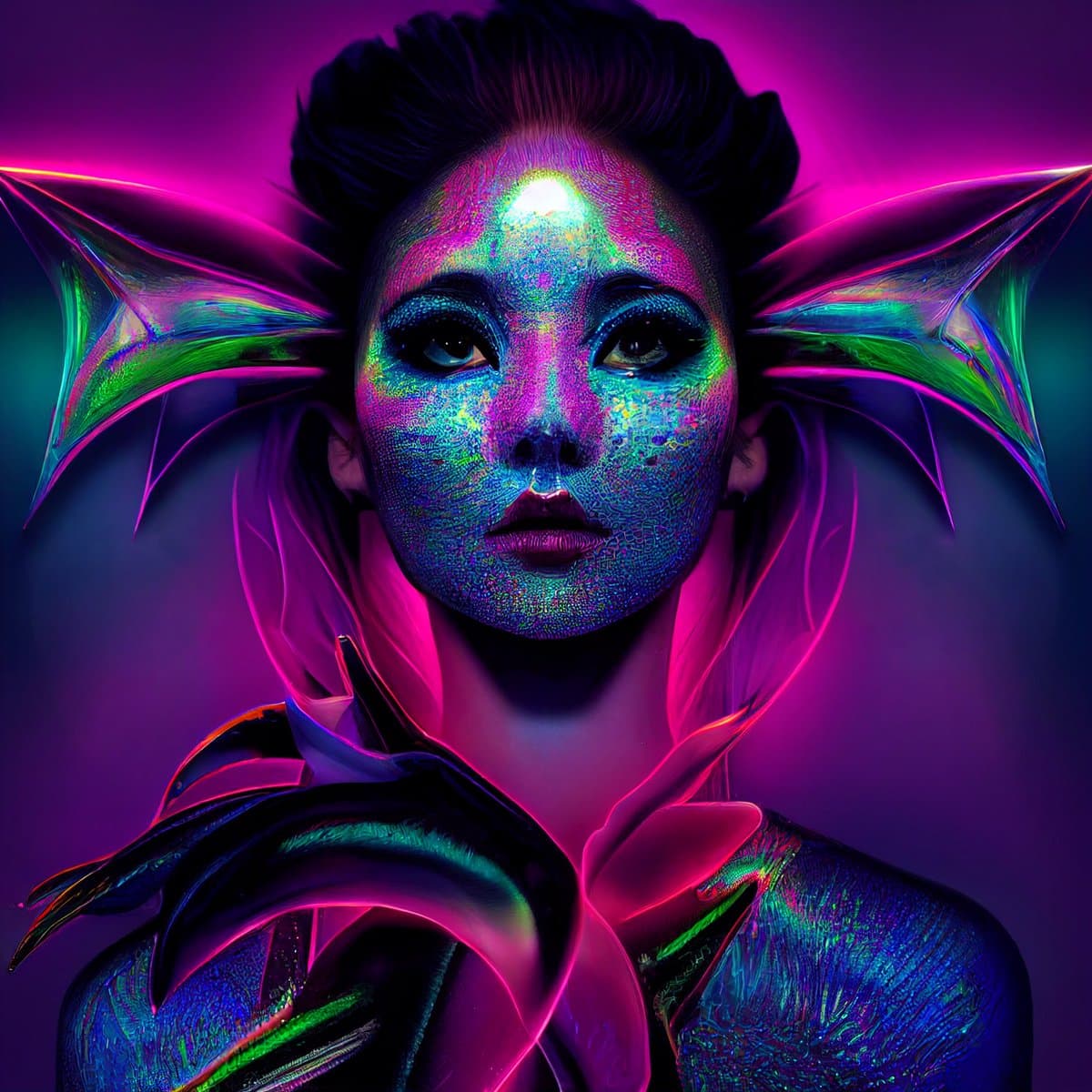 A digital art portrait of a person with iridescent, holographic skin and elaborate, wing-like structures extending from their head and shoulders, set against a vibrant purple and pink background. The image features a futuristic, cyberpunk aesthetic with glowing neon accents.