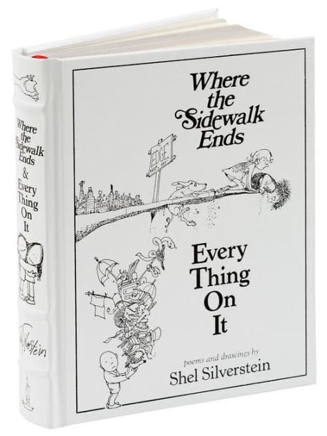 A photograph of the book 'Where the Sidewalk Ends & Every Thing On It' by Shel Silverstein, showing its white cover with black line drawings and text.