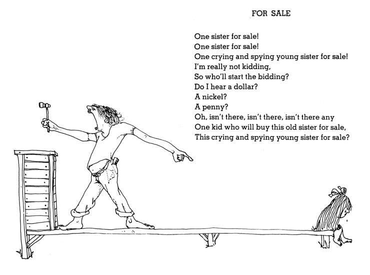 A black-and-white cartoon illustration depicting a man on a seesaw holding a gavel, auctioning off a crying young girl sitting on the opposite end. The image includes a poem titled 'FOR SALE' that describes the scene.