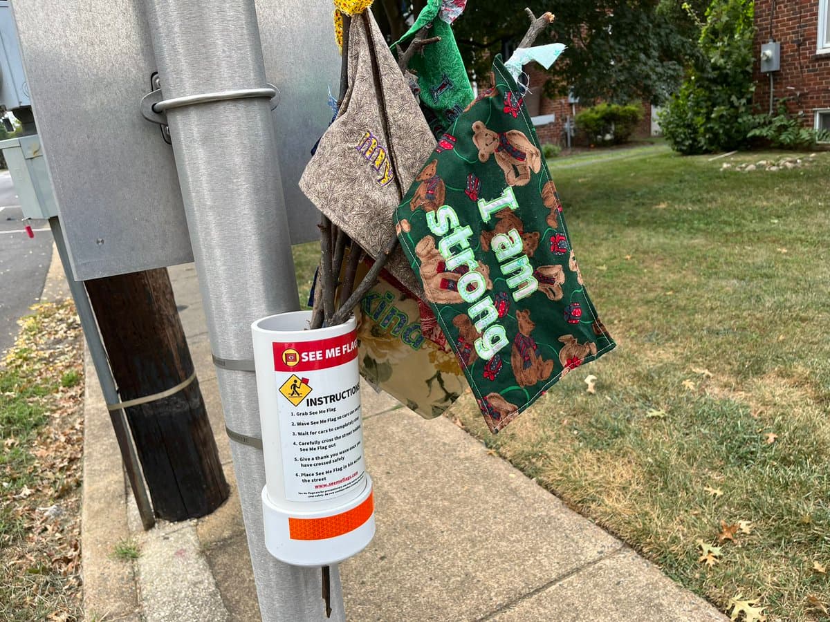 A photograph of a metal utility pole on a sidewalk with several small, handmade flags tied to it, including one that reads 'I am Strong' with teddy bear graphics. A white 'See Me Flag' pedestrian safety device is attached to the pole below the flags.
