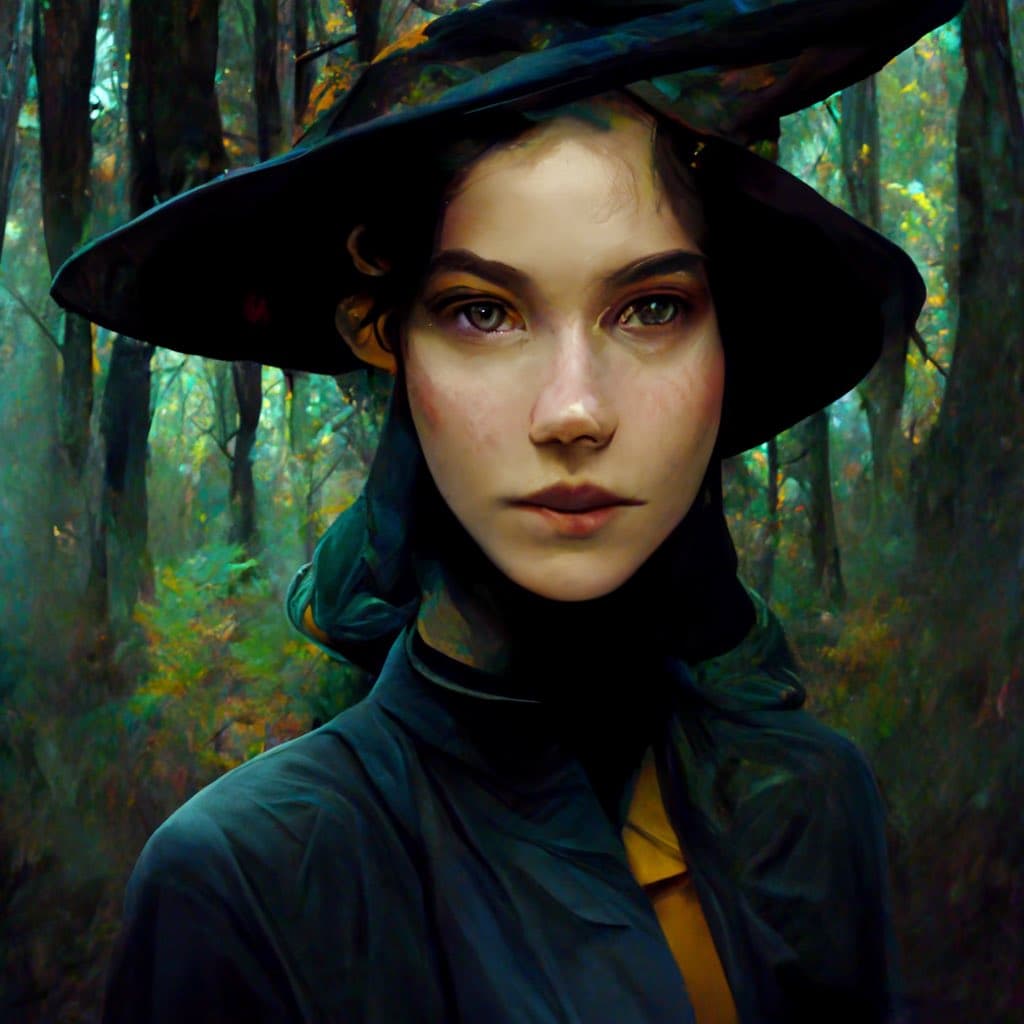 A digital painting of a young woman with a wide-brimmed black hat and a dark scarf, standing in a forest. She has a neutral expression and is looking directly at the viewer. The background features tall trees and dappled light filtering through the leaves.