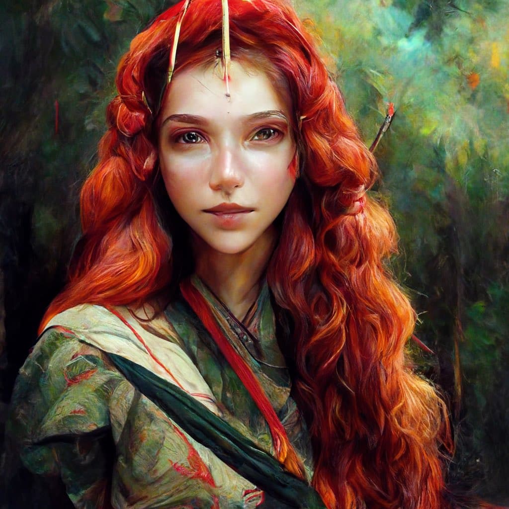 A digital painting of a young woman with long, wavy red hair and a serene expression, set against a blurred green forest background. She wears earth-toned clothing with a red sash and has small decorative elements in her hair.