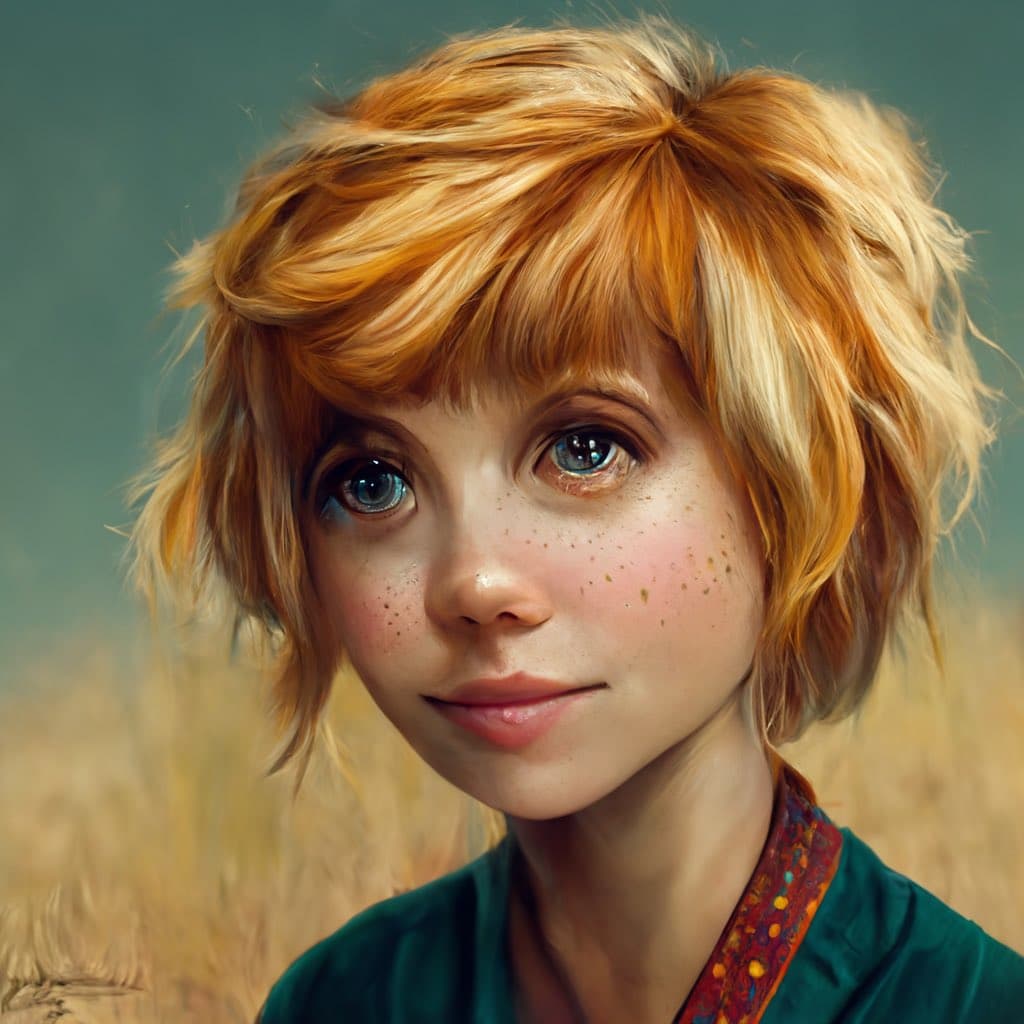A digital painting of a young person with short, tousled reddish-blonde hair and blue eyes, featuring freckles and a gentle smile. They are wearing a green top with a patterned collar, set against a soft-focus background of a field and sky.