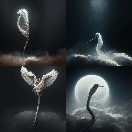 A four-panel grid of dark, ethereal digital art featuring a white, winged serpent-like creature in various poses against a backdrop of clouds and a large moon. The creature appears to be a hybrid of a bird and a snake, with long, flowing feathers and a slender body.