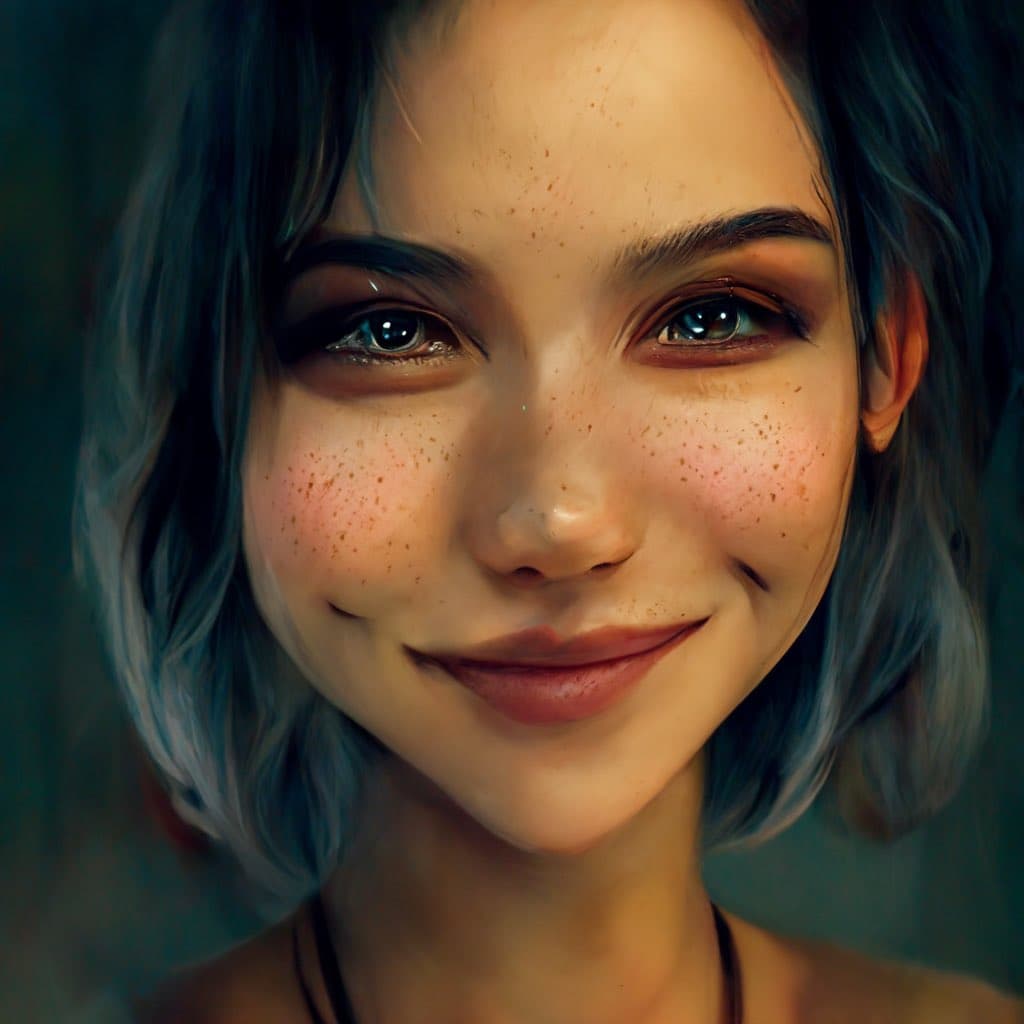 A digital painting of a smiling young woman with short, wavy blue hair and freckles. She has light-colored eyes and is looking directly at the viewer against a dark, blurred background.