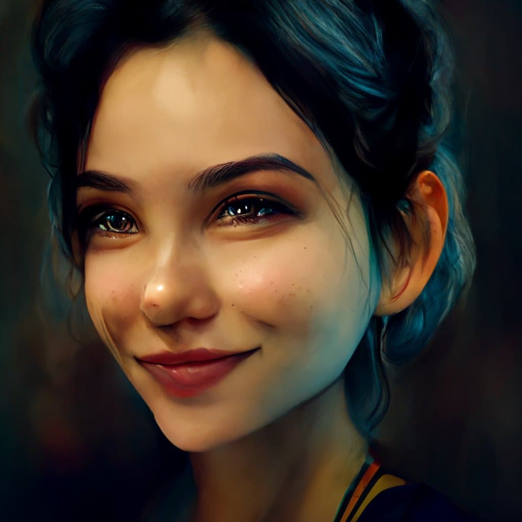 A digital painting of a young woman with dark hair, brown eyes, and a gentle smile, shown in a close-up portrait style. The image features soft, warm lighting and a dark, blurred background. She is wearing a dark top with orange and yellow stripes on the shoulder.