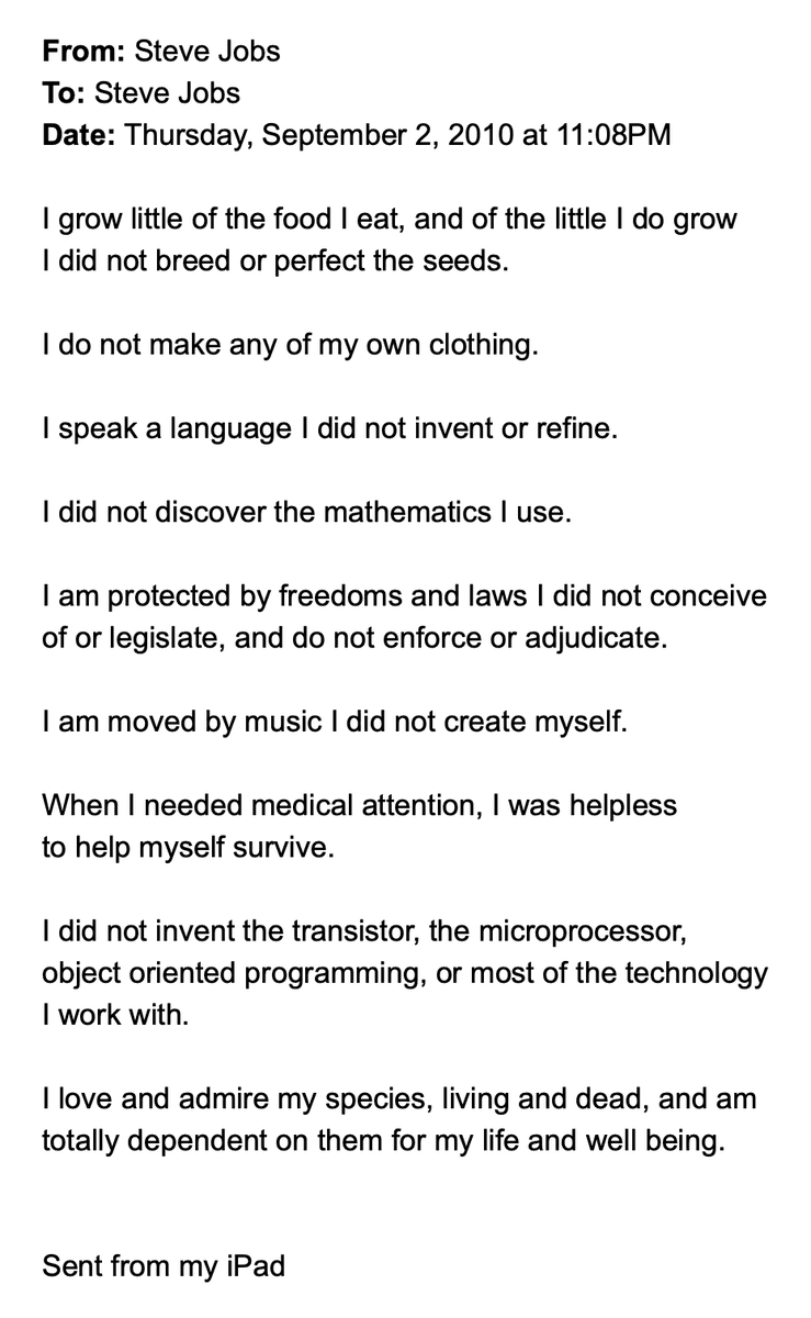 A screenshot of an email from Steve Jobs to himself, dated September 2, 2010, containing a reflective message about human interdependence and technological reliance.