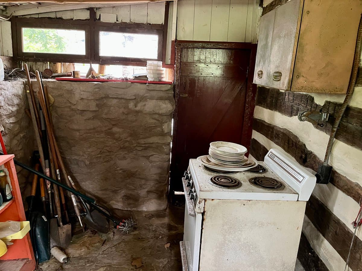 A rustic, unfinished kitchen interior featuring a white electric stove with stacked plates, a rough mud-plastered wall, and a dark wooden door. The space has a raw, cabin-like aesthetic with exposed wooden beams and a window looking out onto greenery.