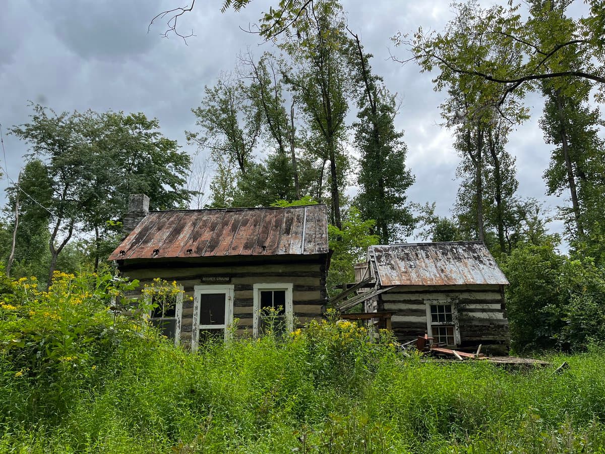 A photograph of a rustic, weathered log cabin with a rusty metal roof, surrounded by tall green weeds and yellow wildflowers under a cloudy sky. A small sign above the door reads 'HIGHER GROUND.'