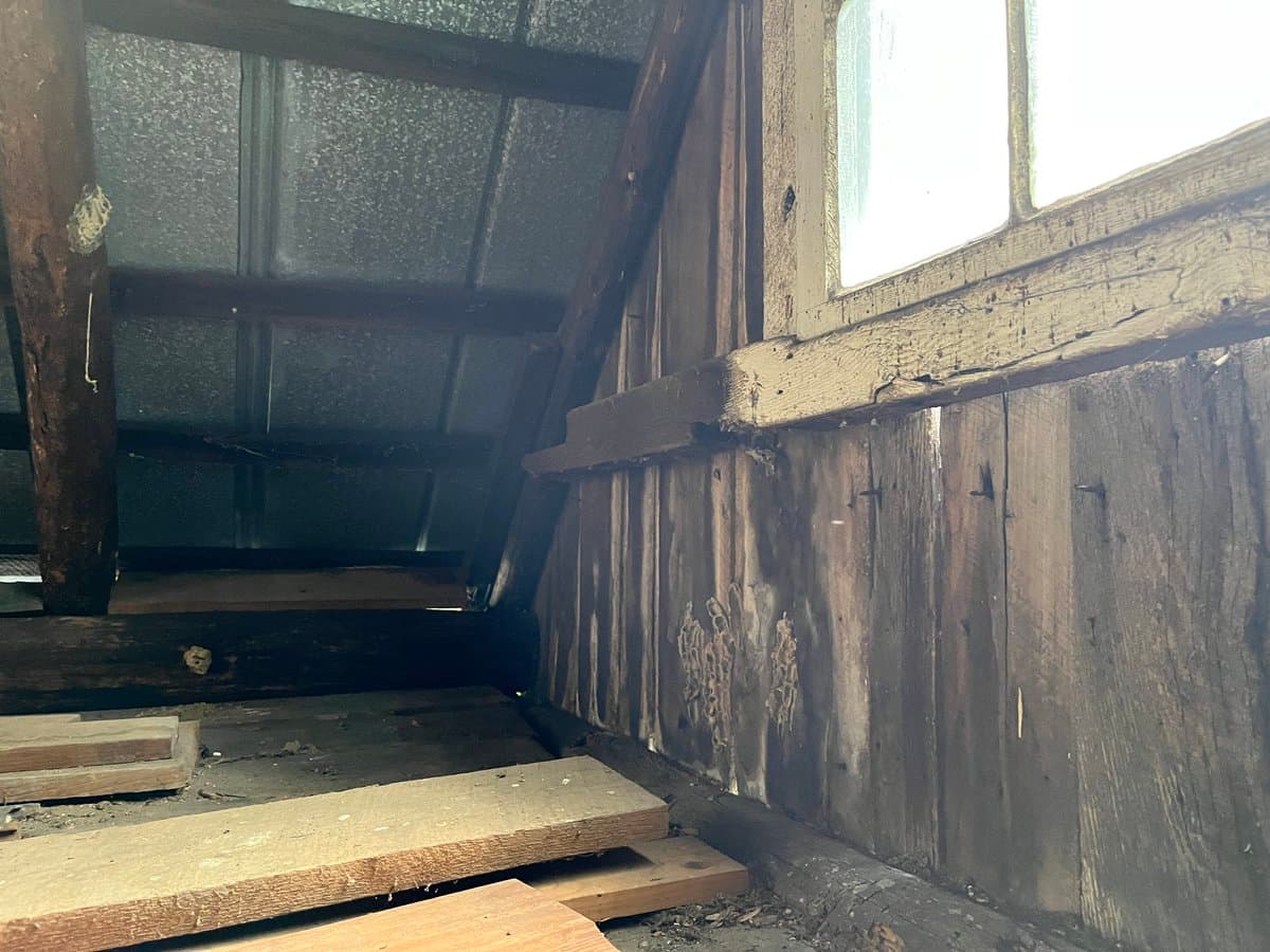 A photograph of a rustic, unfinished attic space featuring a sloped ceiling with exposed wooden beams and a small window on the right wall. The floor is covered with loose wooden planks and debris, and the walls are made of weathered vertical wood paneling.