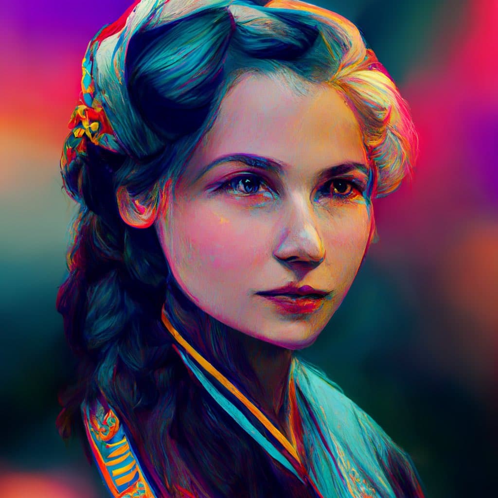 A vibrant, stylized digital portrait of a young woman with long, wavy hair adorned with colorful floral accents. The image features a painterly, high-contrast aesthetic with neon hues of pink, blue, and orange against a blurred, multicolored background. The subject is looking slightly off-camera with a calm expression.