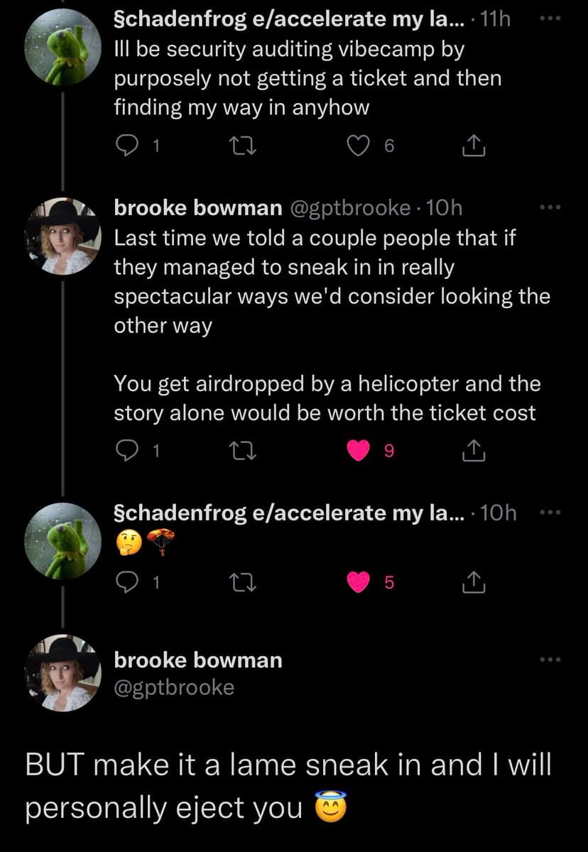 A screenshot of a Twitter conversation between users 'Schadenfrog' and 'brooke bowman' discussing a humorous plan to sneak into a security audit event called 'vibecamp.' The exchange involves a playful negotiation about the spectacle of the entry method.