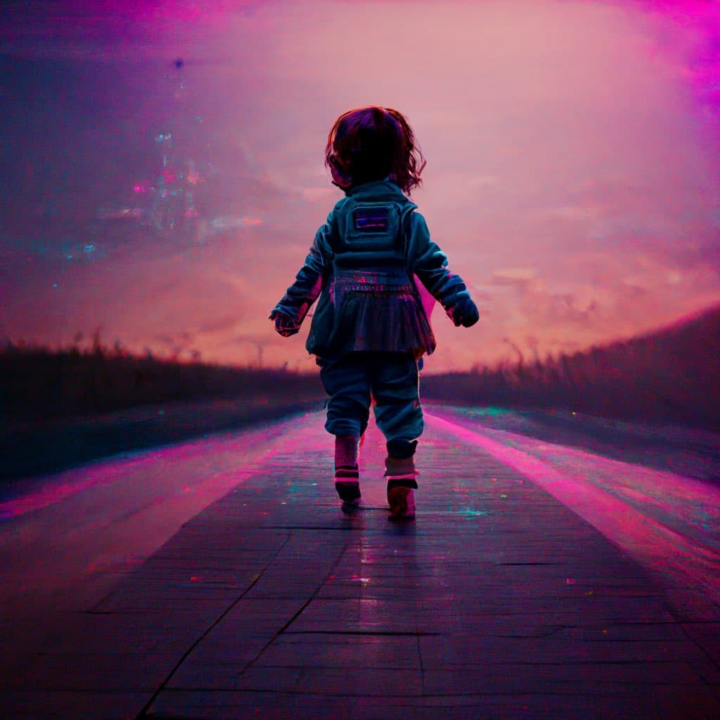 A stylized, neon-lit photograph of a small child walking away from the camera down a paved path toward a hazy, pink and purple horizon. The image has a dreamy, retro-futuristic aesthetic with strong magenta and cyan color grading.