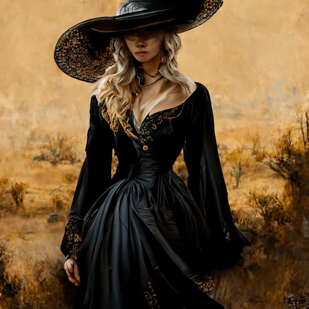 A person with long blonde hair stands in a dry, grassy field wearing a black, wide-brimmed hat and a long black dress with gold embroidery. The image has a warm, earthy color palette with a textured, painterly quality.