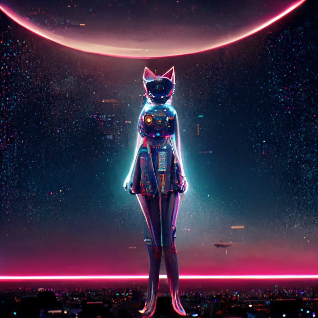 A digital artwork depicting a metallic, chrome-like humanoid figure with cat ears standing in a futuristic, neon-lit environment. The background features a starry sky, a glowing pink horizon, and a large celestial body, creating a cyberpunk aesthetic.