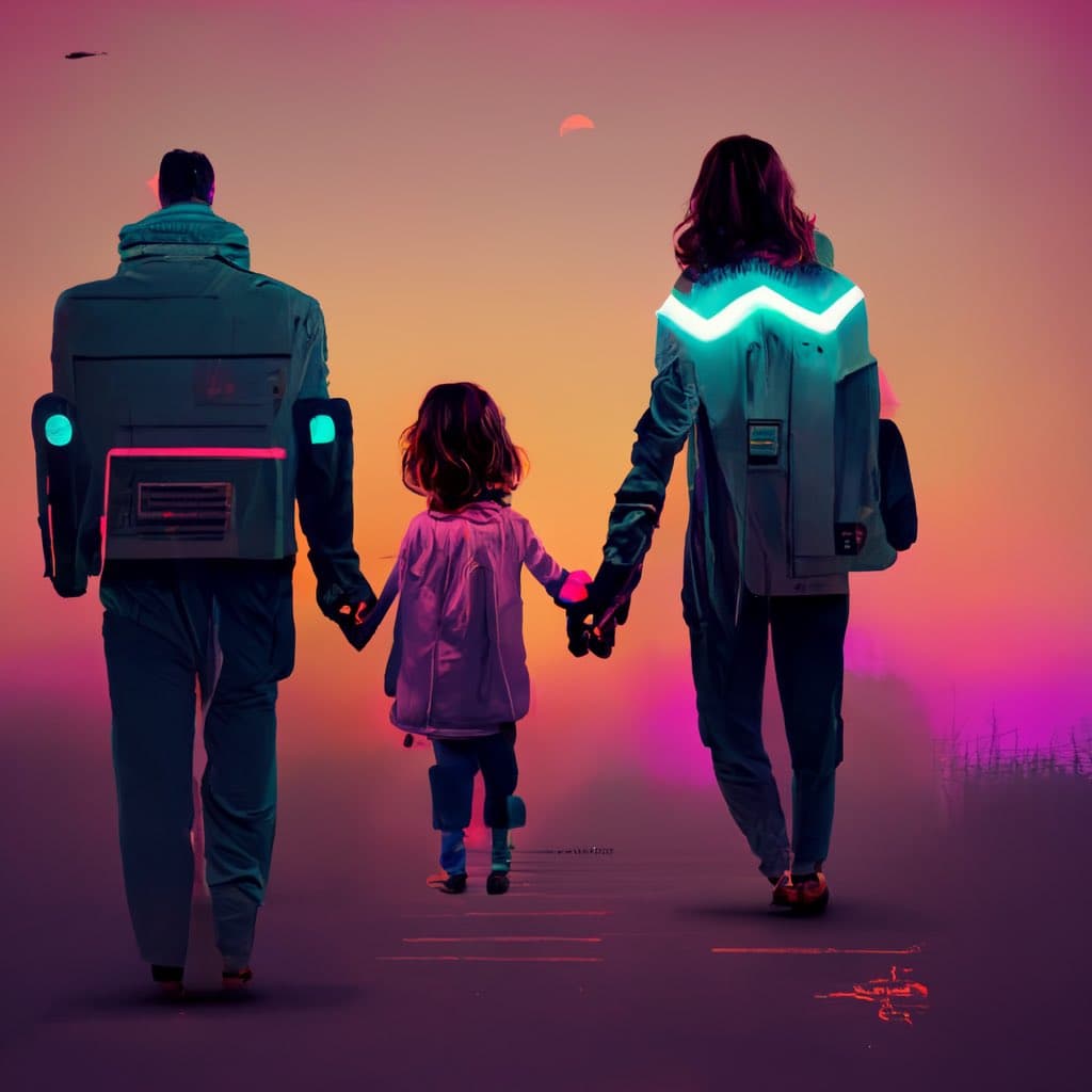 A digital illustration of a family of three walking away from the viewer into a sunset, with the two adults wearing futuristic, glowing jackets. The scene is bathed in vibrant pink and orange hues, creating a retro-futuristic atmosphere.