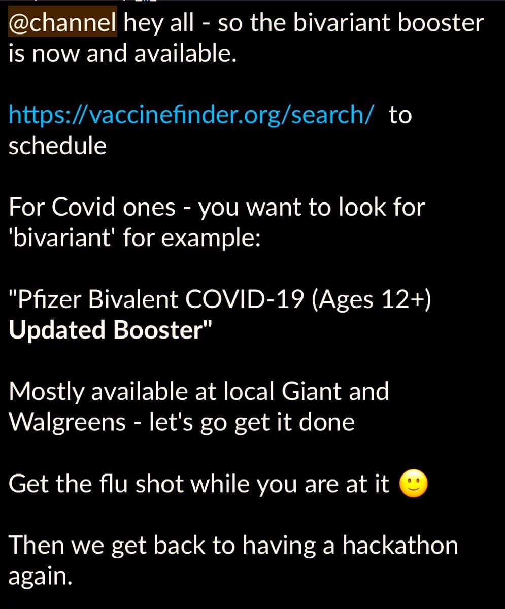 A screenshot of a text message or social media post on a dark background, announcing the availability of the bivalent COVID-19 booster and providing a link to schedule an appointment. The message also suggests getting a flu shot and mentions returning to a hackathon afterward.