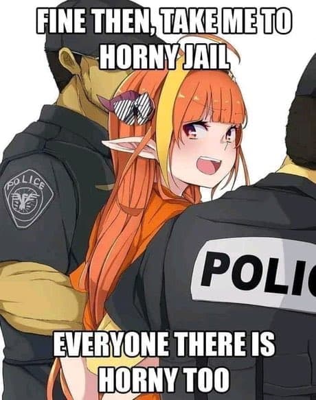 A meme featuring an anime-style illustration of an elf girl with orange hair being escorted by two police officers. The image includes overlaid text that forms a joke about the officers' intentions.