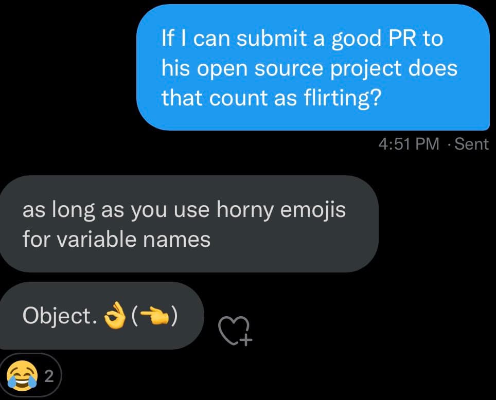 A screenshot of a text message conversation on a dark-mode phone interface. The exchange is a humorous joke about coding and flirting.