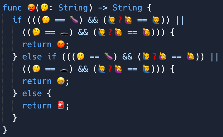 A screenshot of a code snippet written in a programming language (likely Go) that uses emojis in place of variables and string literals. The code contains conditional logic that returns different emoji responses based on the input values.