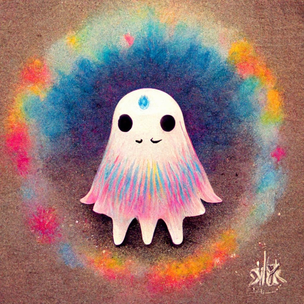 A whimsical illustration of a cute, white ghost with a blue third eye and a rainbow-colored lower body, set against a dark background with a colorful, rainbow-like halo. The artwork is signed in the bottom right corner.