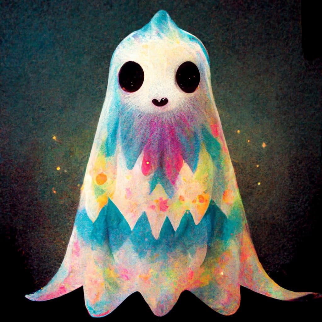 A whimsical, hand-drawn illustration of a ghost-like character with large black eyes and a small mouth, featuring a colorful, tie-dye pattern in shades of blue, pink, and yellow on a dark background.