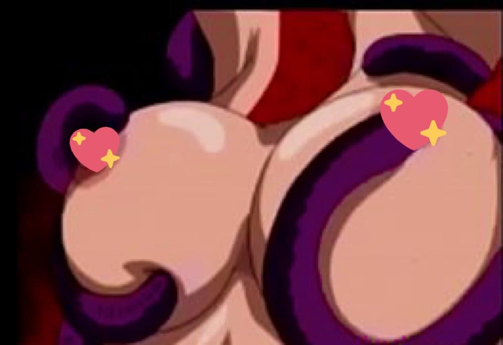 A cropped screenshot of an animated character with purple hair, showing a close-up of their chest area with two pink heart emojis overlaid on the image.