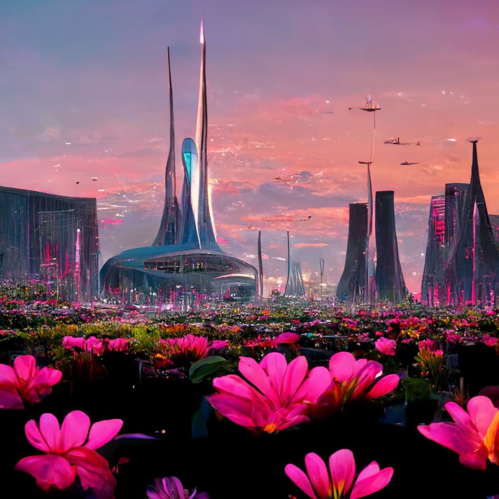 A digital artwork depicting a futuristic cityscape with sleek, spire-like skyscrapers and flying vehicles under a pink and purple sunset sky, viewed from behind a vibrant field of large pink flowers.