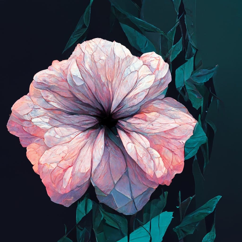 A digital painting of a large, blooming flower with soft pink and white petals against a dark background. Green, leafy vines frame the flower on the right and bottom edges.
