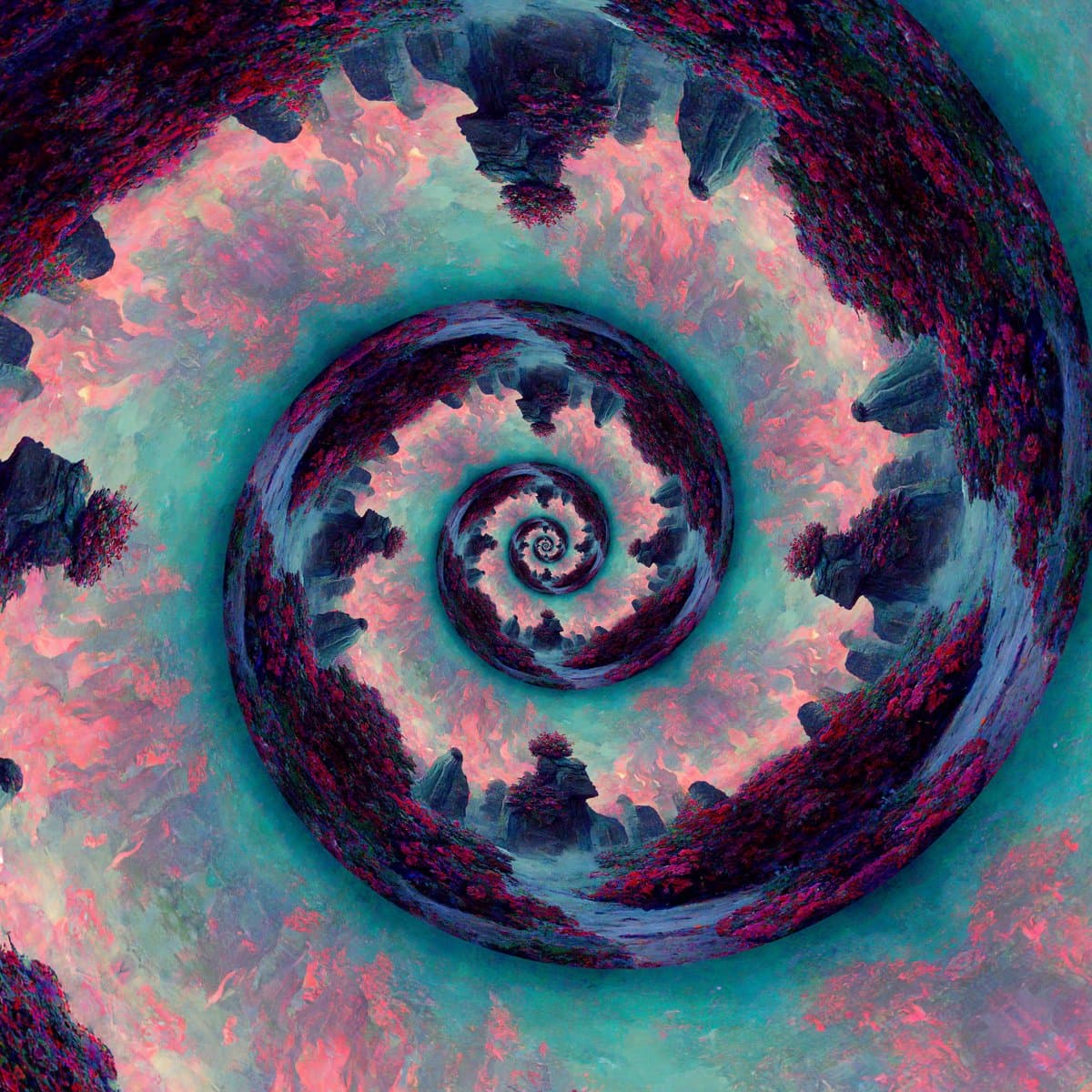 A surreal digital painting depicting a fractal spiral landscape with repeating rocky cliffs and vibrant pink and purple vegetation. The scene is set against a swirling background of teal and pink clouds, creating a dreamlike, infinite tunnel effect.