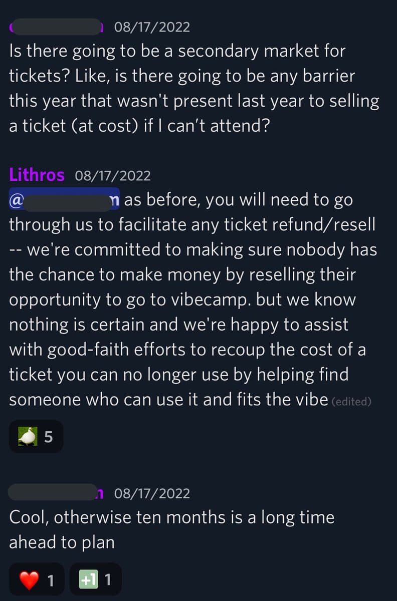 A screenshot of a Discord chat conversation discussing ticket resale policies for an event called 'vibecamp.' The messages, dated August 17, 2022, address how users can resell tickets at cost if they cannot attend.