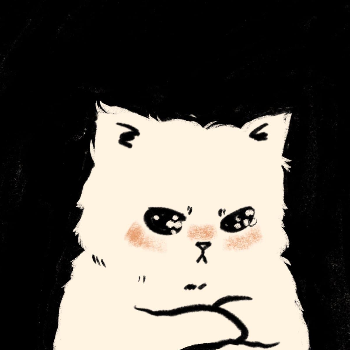 A digital illustration of a white cat with large, teary eyes and a frown, set against a solid black background. The cat has rosy cheeks and a small pink nose, conveying a sad or pouty expression.