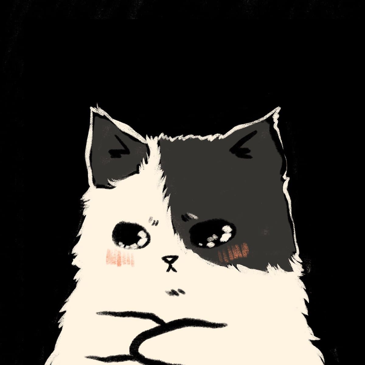 A digital illustration of a black-and-white cat with a sad expression, featuring large, teary eyes and rosy cheeks against a solid black background. The cat has its paws crossed in front of its chest, conveying a sense of disappointment or hurt feelings.