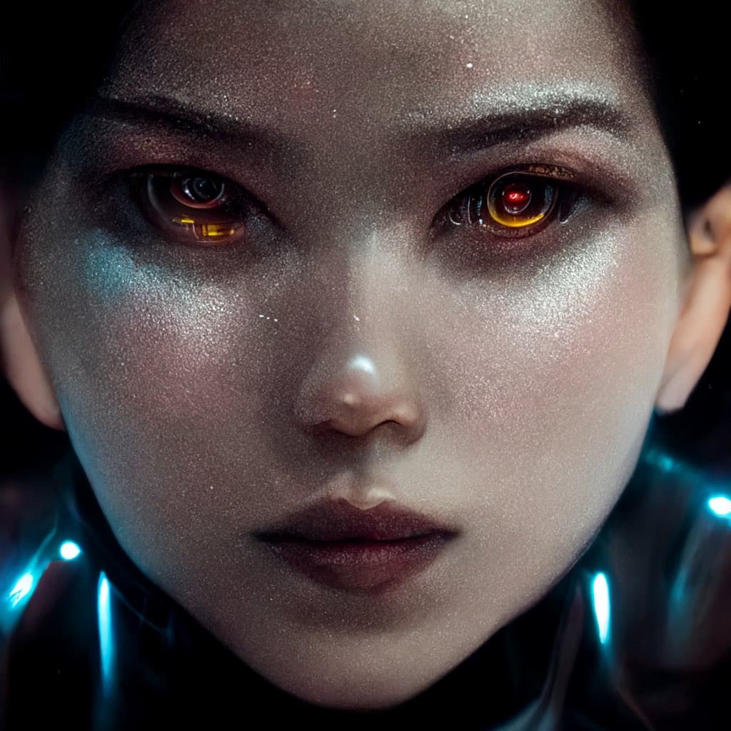 A close-up, digital art portrait of a person with glowing, cybernetic eyes featuring orange and red light patterns. The image has a dark, futuristic aesthetic with blue neon accents visible on the shoulders.