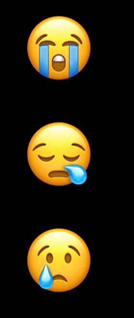 A vertical stack of three emoji on a black background: a loudly crying face, a sleeping face with a drool bubble, and a sad face with a single tear.