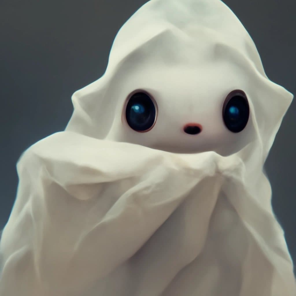 A close-up digital illustration of a small, white, ghost-like character with large, dark blue eyes and a tiny mouth, wrapped in a white sheet. The character is set against a plain, dark gray background.