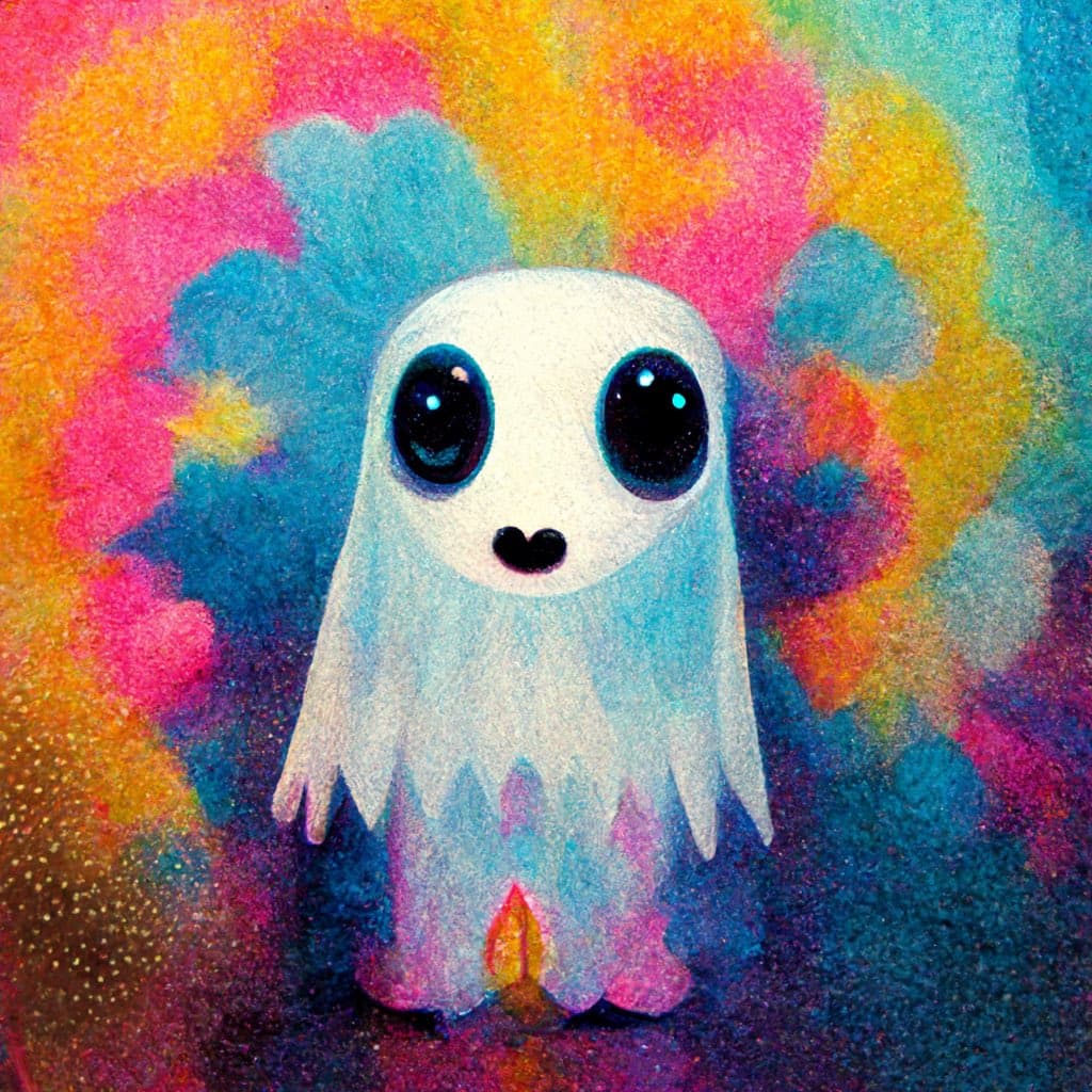 A colorful, textured illustration of a small, white ghost-like creature with large, dark eyes and a tiny heart-shaped mouth. The character is set against a vibrant, abstract background of swirling pink, orange, blue, and purple hues.
