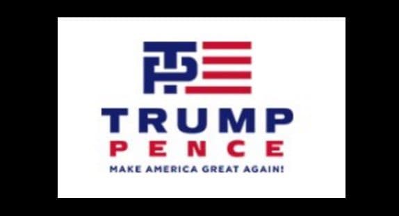 A political campaign logo featuring the initials 'TP' in a flag-inspired design above the names 'TRUMP' and 'PENCE' and the slogan 'MAKE AMERICA GREAT AGAIN!'.