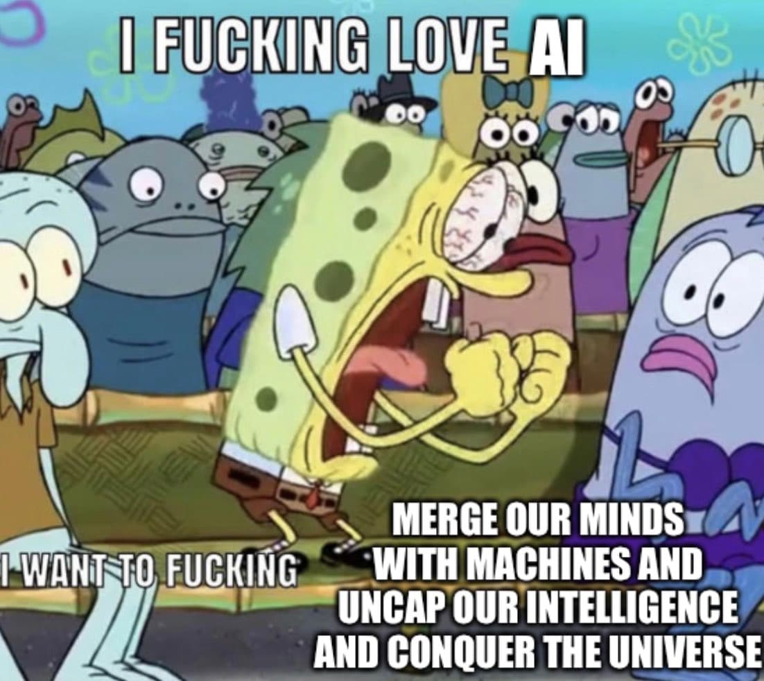 A meme featuring a screenshot from the animated series SpongeBob SquarePants, showing SpongeBob with an excited expression in a crowd. The image is overlaid with white text expressing enthusiasm for artificial intelligence.