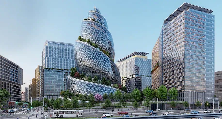 A digital architectural rendering of a modern cityscape featuring a prominent, spiraling glass tower with integrated greenery, surrounded by other high-rise buildings and a street with traffic.
