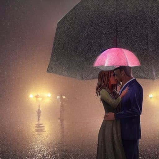 A digital illustration of a couple embracing and kissing under a small pink umbrella in the rain, while a large dark umbrella looms over them against a foggy, dimly lit background with street lamps.