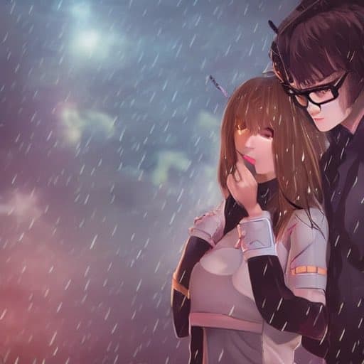 A digital illustration of two anime-style characters standing in the rain, with a female character in the foreground and a male character behind her.