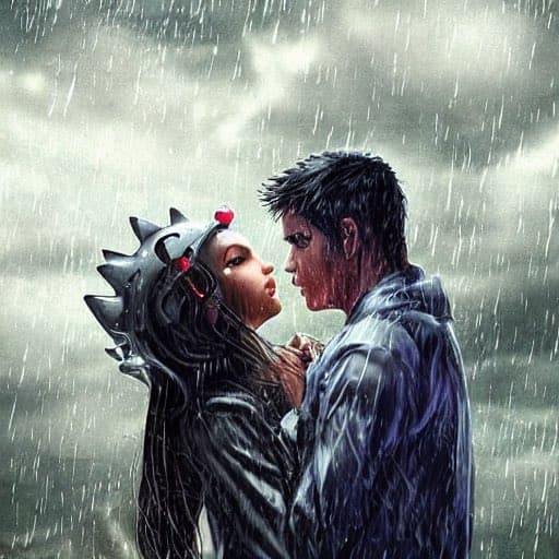 A digital illustration of a man and a woman in a close embrace under heavy rain, with the woman wearing a spiky, helmet-like headpiece. The scene has a dramatic, moody atmosphere with dark, stormy clouds in the background. The image appears to be AI-generated art, likely from a series exploring the theme of 'Humans and AI in perfect alignment.'
